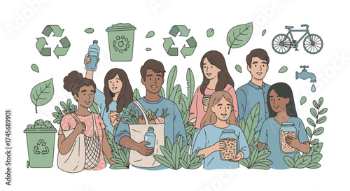 Diverse group of young people promoting a zero waste lifestyle. Sustainable and eco-friendly living concept illustration with reusable items and recycling symbols