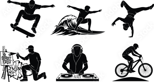 Urban street culture silhouettes, skateboarding trick, surfing wave, breakdancing move, graffiti art, DJ music mixing, BMX cycling, extreme sports lifestyle, youth activity illustration