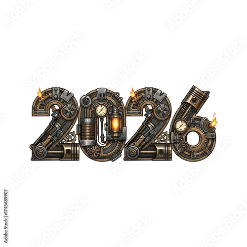 Steampunk 2026 New Year Illustration mechanical gears cogs numbers future retro vintage clockwork machine design art fantasy technology