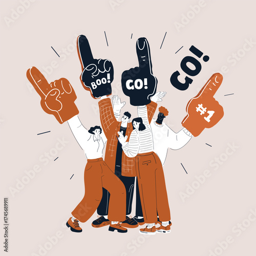 Cartoon vector illustration of people cheering with foam hands and shouting “GO” as a metaphor for teamwork, motivation, and encouragement