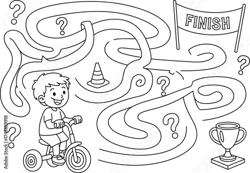 Boy on a tricycle navigating a challenging maze to reach the finish line and trophy