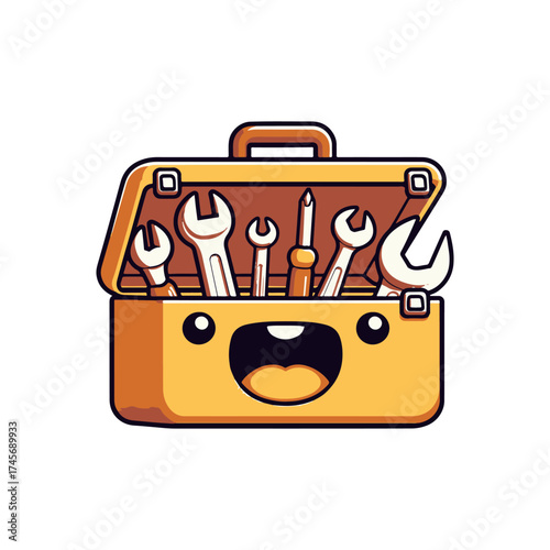 A cheerful cartoon toolbox overflowing with various tools, set against a simple white background