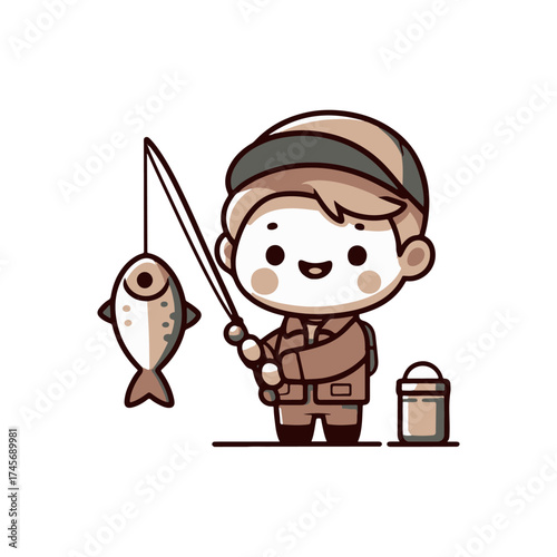 A cheerful child fishing by a serene lake, holding a caught fish with a bucket nearby