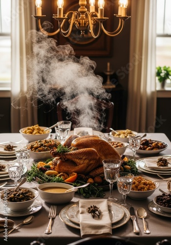 Celebración de Thanksgiving con una mesa bellamente decorada y un pavo humeante