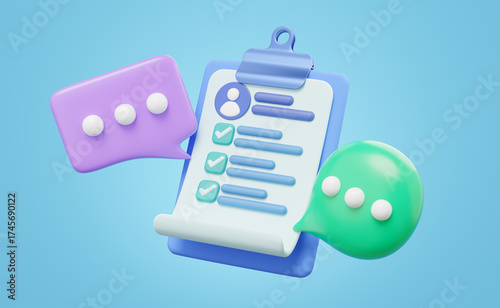 Stylized 3D rendering of a professional blue clipboard showing a checklist with completed tasks and a user icon, with two conversation bubbles. Ideal for communication, feedback, and task management.
