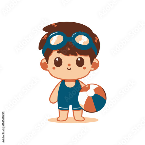 A cheerful child in swim gear holding a beach ball, ready for fun at the poolside