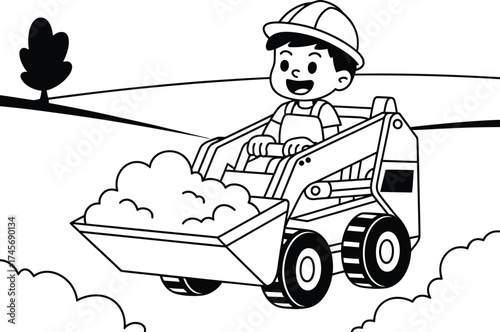 Happy cartoon boy driving a skid steer loader with dirt in bucket