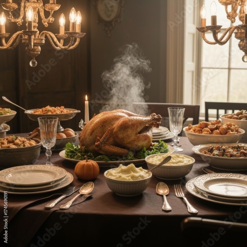 Mesa decorada para Thanksgiving con pavo y platos tradicionales en un ambiente acogedor y elegante