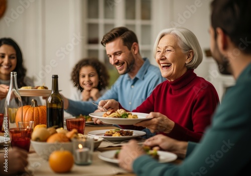 Celebración de Thanksgiving con una abuela riendo y disfrutando de la cena familiar