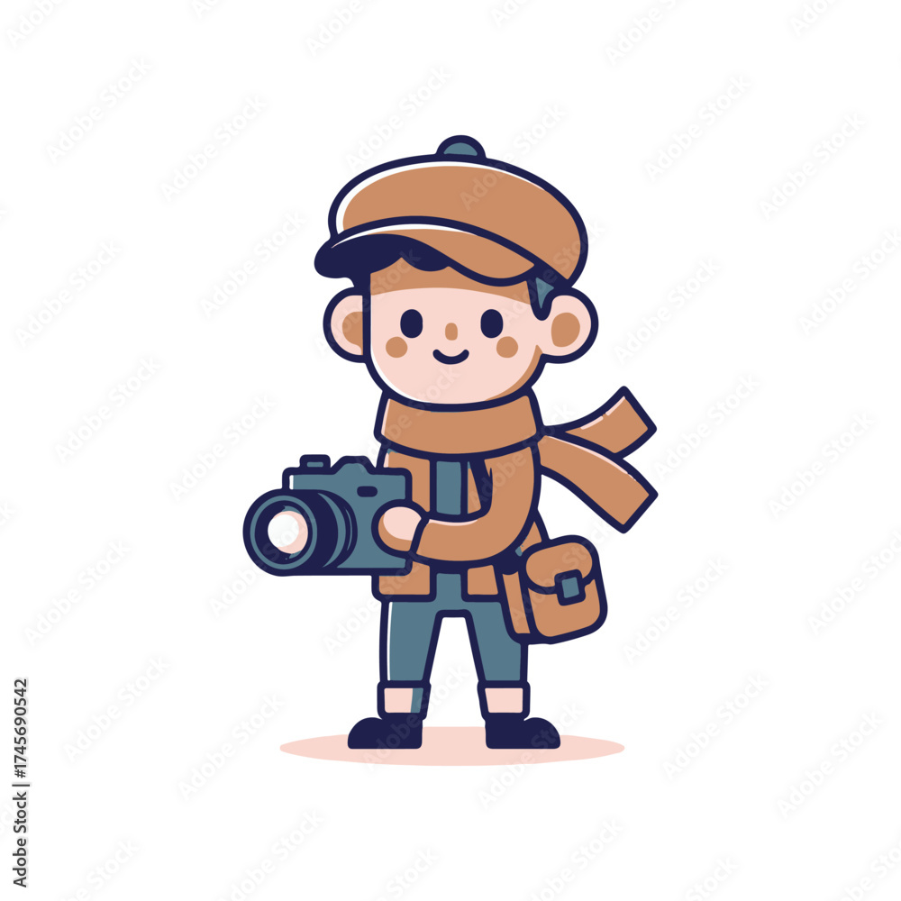Fototapeta premium A cheerful young photographer in a hat and scarf holding a camera, ready to capture moments