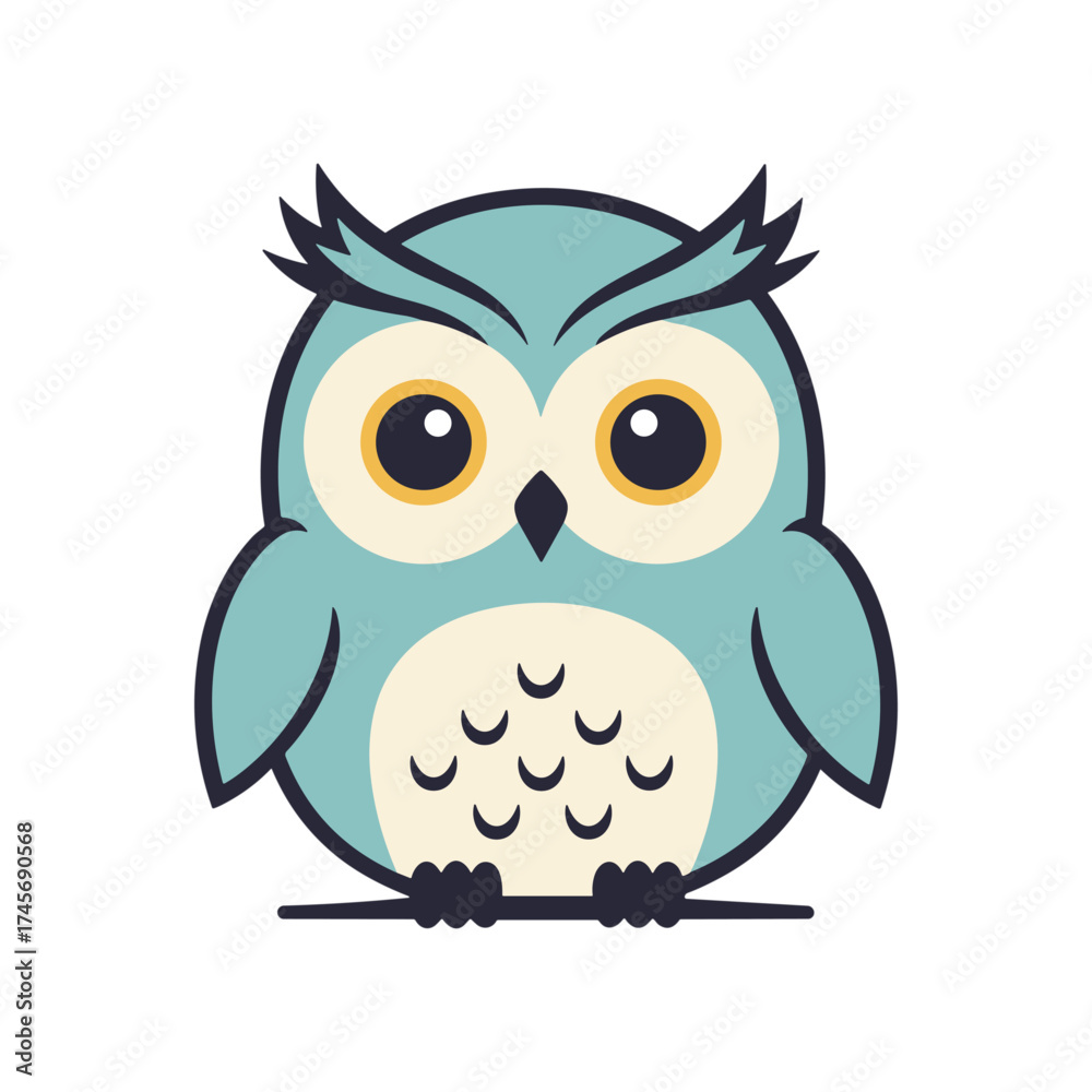 Obraz premium A cartoon-style blue owl perched on a branch with a simple white background