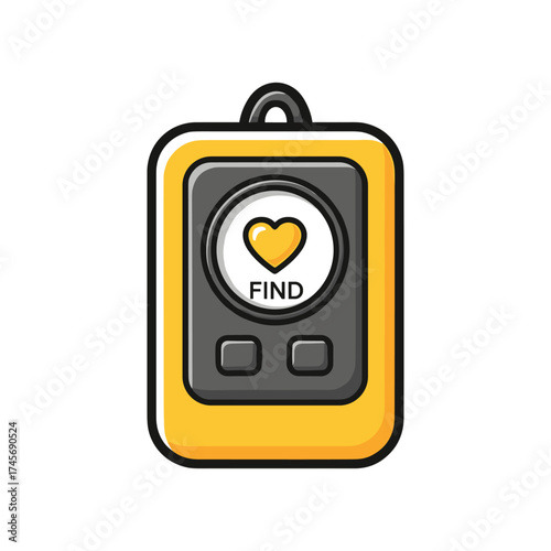 A bright yellow handheld device with a heart symbol, labeled 'FIND,' showcasing modern technology