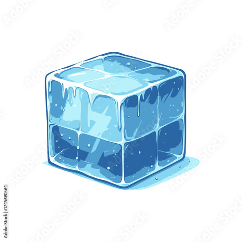 A clear ice cube melting slowly on a white background, evoking a refreshing summer vibe