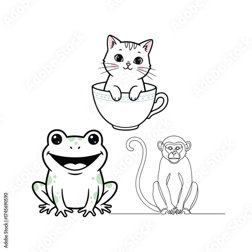 Cute Animals Line Art Illustration cat teacup frog monkey drawing cartoon clipart vector design graphic isolated white background pet