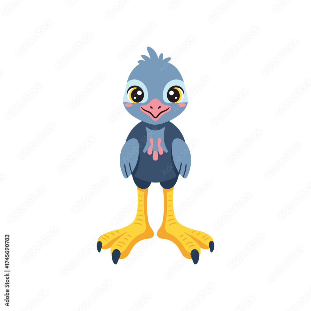 Obraz premium A cheerful cartoon bird character with bright eyes and colorful feathers, standing on yellow feet, set against a plain white background, ideal for children's illustrations or playful designs