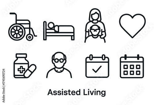 Assisted living icons: wheelchair, heart, calendar, medicine, female elderly caregiver