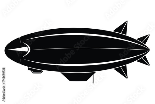 Black Airship Illustration with Gondola and Tail Fins Isolated, Side View, Graphic Style