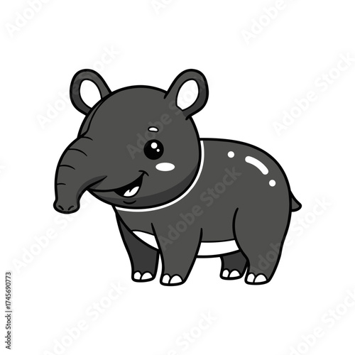 Cute cartoon baby tapir smiling happily while standing on a white background, showcasing its playful nature