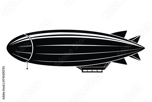 Stylized Black Silhouette Illustration of a Vintage Airship with Gondola and Tail Fins