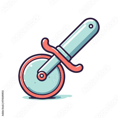 A colorful pizza cutter with a round blade and a comfortable grip, set against a plain background