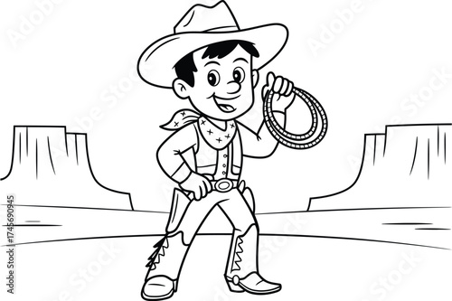 Cartoon cowboy holding lasso in the wild west landscape