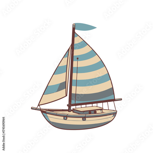 A colorful sailboat with striped sails gliding across calm waters under a clear sky