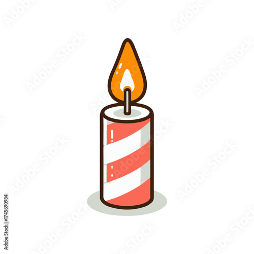 A colorful striped candle with a flickering flame, set against a plain background, ideal for celebrations