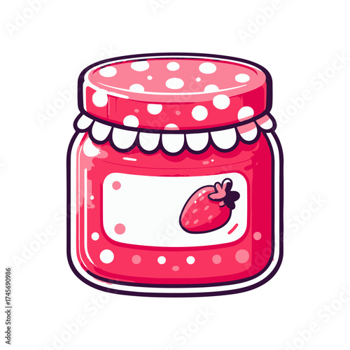 A colorful strawberry jam jar with a polka-dotted lid, set against a simple white background