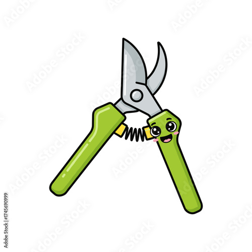 A cheerful cartoon pruning shear with a smiling face, set against a white background, ideal for gardening themes