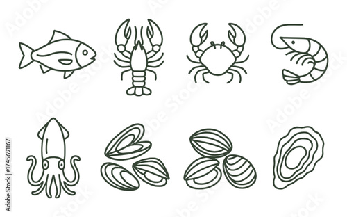 Outline icons of seafood: fish, lobster, crab, shrimp, squid, mussels, oysters on green background