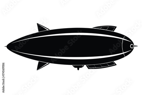 Black and White Silhouette Illustration of a Vintage Airship with Tail Fins and Gondola