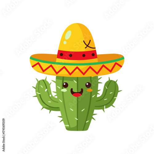 Cute cartoon cactus wearing a colorful sombrero, smiling cheerfully against a white background