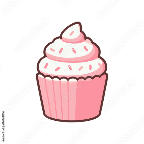 A delightful pink cupcake with creamy frosting and sprinkles, perfect for celebrations