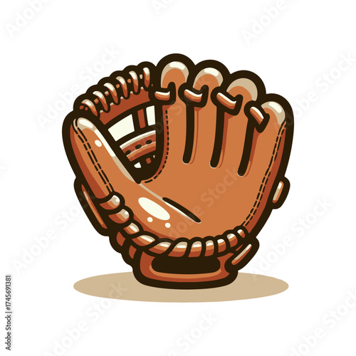 A detailed illustration of a baseball glove resting on a surface, showcasing its texture and design