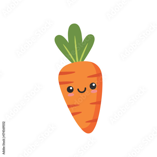 Cute cartoon carrot character with a smiling face and green leaves on a white background
