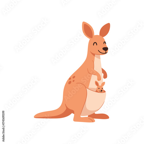 A cheerful kangaroo standing upright with a baby kangaroo peeking from its pouch in a simple background