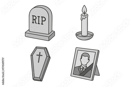 Funeral ceremony icon set. Gravestone, coffin, memorial candle, and deceased photo frame. Death and mourning concept vector illustration. RIP symbol for burial service.