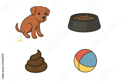 Puppy care icon set vector illustration. Dog life collection with urinating puppy, food bowl, poop, and toy ball. Pet training, behavior, and daily routine symbols.