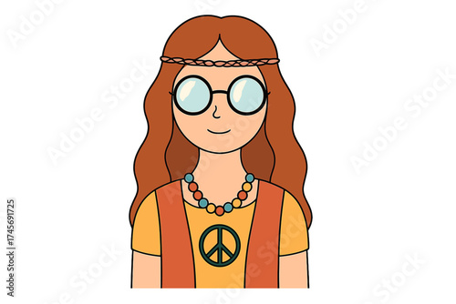 Hippie girl vector character with peace symbol. Retro 60s 70s woman icon. Bohemian, flower power, love, freedom subculture concept. Cute cartoon avatar with round glasses.