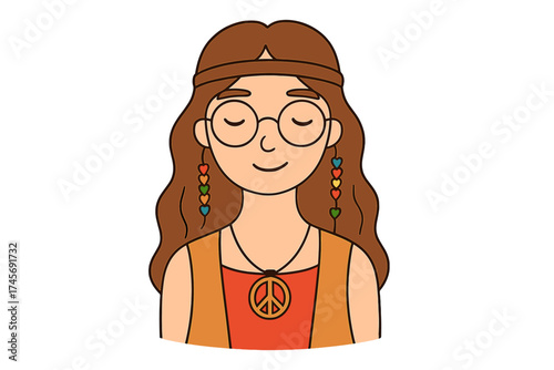 Hippie girl portrait illustration. Retro 70s groovy female character avatar with peace sign necklace and rainbow heart earrings. Bohemian flower power concept vector icon.