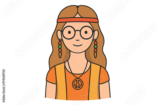 Hippie girl with glasses, beads and peace sign necklace. Vector icon of a smiling woman from the 60s. Retro flower power character. Cartoon avatar stock illustration.
