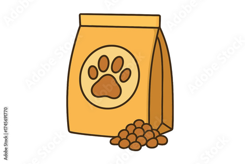 Pet food package vector icon. Dry dog or cat food bag. Animal feed with paw print logo. Kibble for puppy or kitten. Pet shop, veterinary or nutrition symbol. Cartoon illustration.