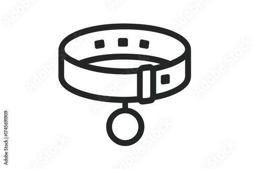 Pet collar icon with ID tag vector. Dog or cat accessory symbol. Line art illustration for pet shop, veterinary clinic, or animal care mobile app. Leash concept design element.
