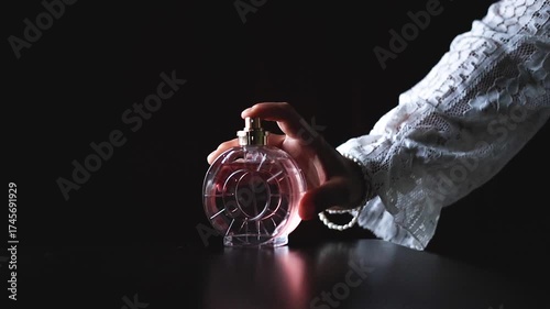 Woman spraying perfume on black background