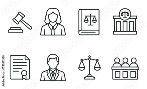 Legal icons set with male and female figures, scales, gavel, court building