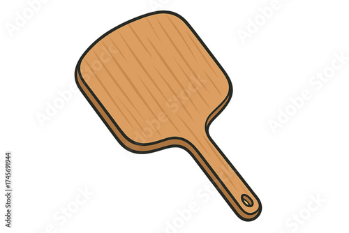 Wooden pizza peel, cutting board. Kitchen utensil for cooking. Wood paddle. Food serving tray. Chopping board for restaurant. Cartoon vector illustration icon isolated.