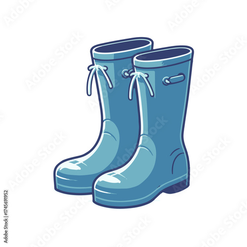 A pair of blue rubber boots standing on a white background, ideal for outdoor activities