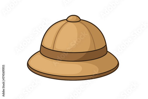 Pith helmet vector illustration. Safari hat cartoon icon. Concept for adventure, exploration, discovery. African safari gear. Jungle tour symbol. Colonial tropical sun hat.