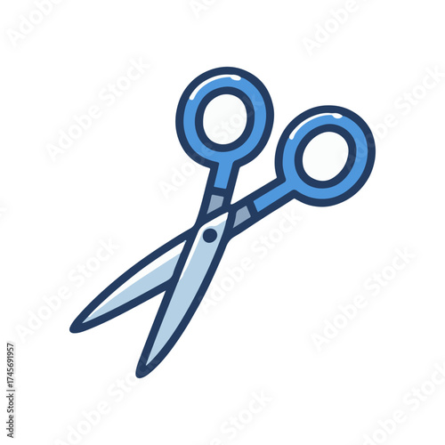 A pair of blue-handled scissors positioned centrally against a clean white background, ideal for crafting