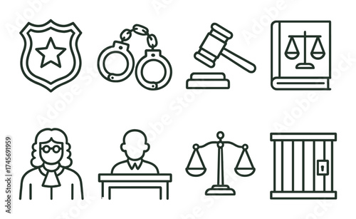 Law and justice icons: badge, handcuffs, gavel, scales, judge, prison